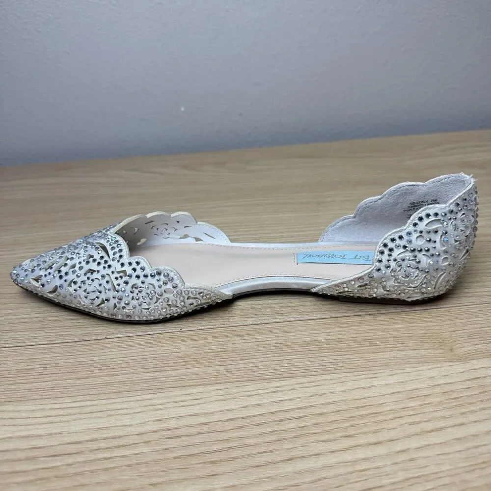 Betsey Johnson Lucy Flats Size 7 White Rhinestone Wedding Bride Something Blue